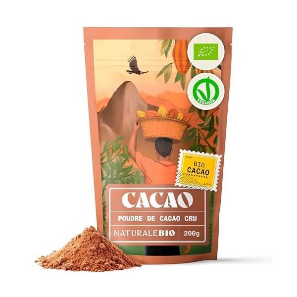 NaturaleBio Poudre de Cacao Bio 400g. Non Sucré, Naturel et Pur à partir de Fèves Crues. Produit par la Plante Theobroma. Sou...