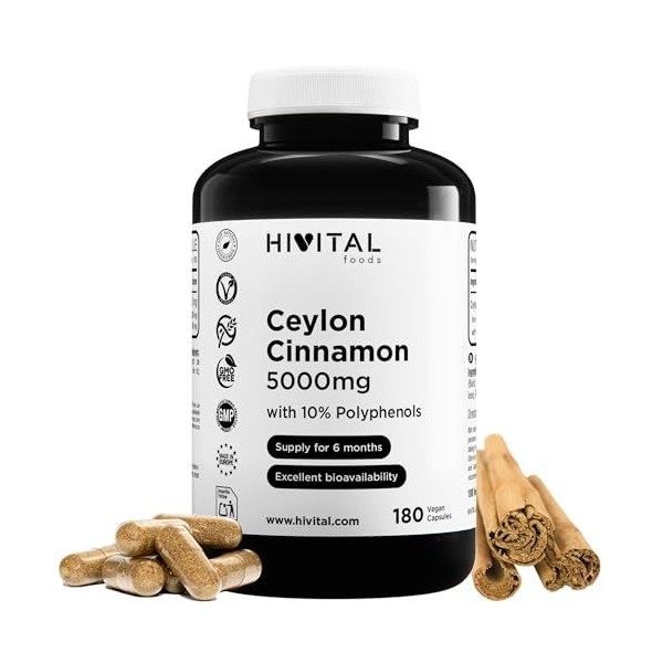 Cannelle de Ceylan 5000 mg. 180 gélules vegan pour 6 mois de traitement. Extrait Naturel de bâton de Cannelle Cinnamomum Zey