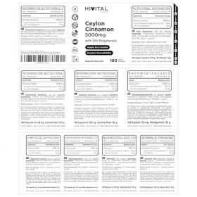 Cannelle de Ceylan 5000 mg. 180 gélules vegan pour 6 mois de traitement. Extrait Naturel de bâton de Cannelle Cinnamomum Zey
