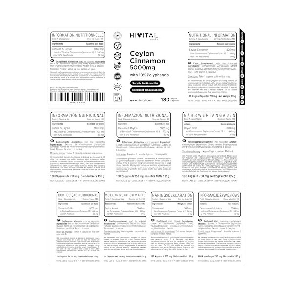 Cannelle de Ceylan 5000 mg. 180 gélules vegan pour 6 mois de traitement. Extrait Naturel de bâton de Cannelle Cinnamomum Zey