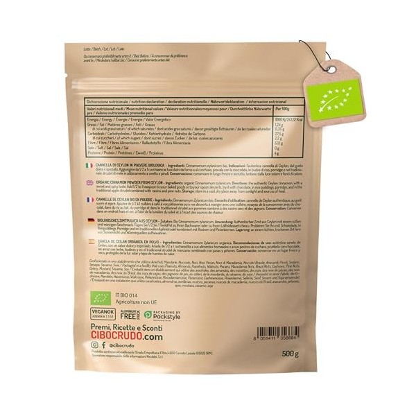 Cannelle en poudre bio moulue - 500 g. Cannelle de Ceylan en poudre biologique et végétalienne sans additifs ni conservateurs...