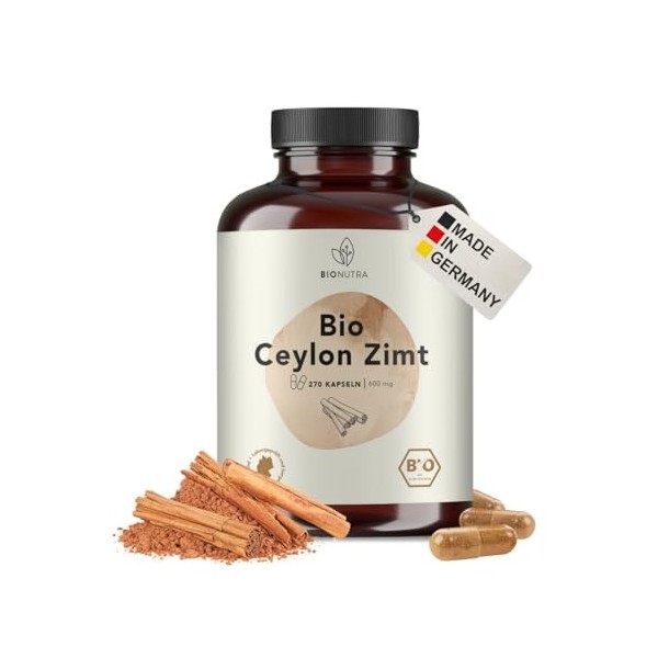 BIONUTRA® Gélules de Cannelle de Ceylan bio hautement dosées, 1200 mg/jour, contrôlées résidus, fabrication allemande, végane
