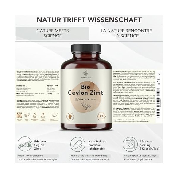BIONUTRA® Gélules de Cannelle de Ceylan bio hautement dosées, 1200 mg/jour, contrôlées résidus, fabrication allemande, végane