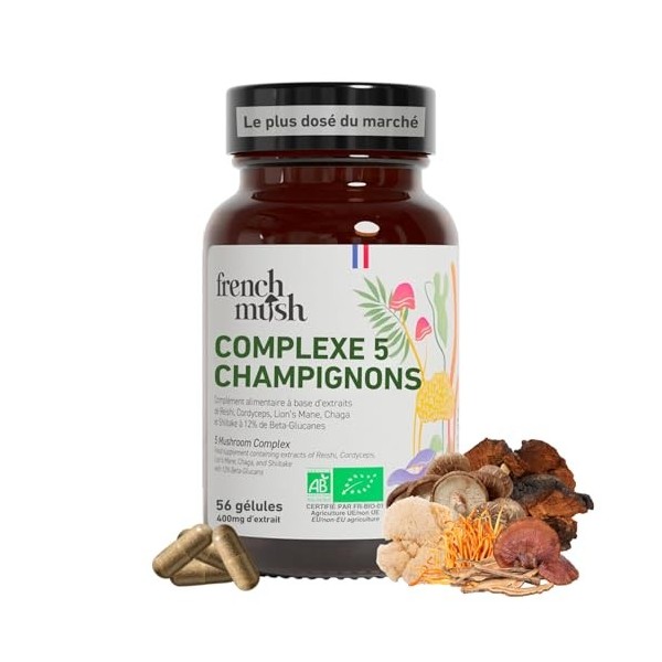 Complexe 5 Champignons Bio - 56 Gélules Vegan - Shiitake, Lions Mane, Reishi, Cordyceps, Chaga - Digestion, Bien-Être Intéri