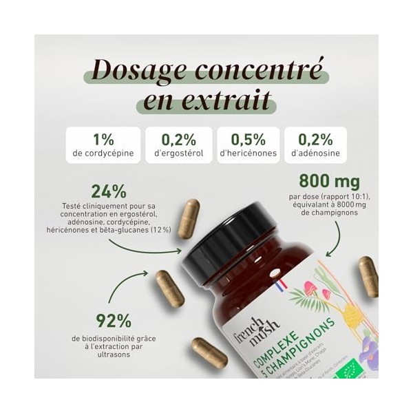 Complexe 5 Champignons Bio - 56 Gélules Vegan - Shiitake, Lions Mane, Reishi, Cordyceps, Chaga - Digestion, Bien-Être Intéri