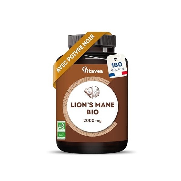 Lions Mane Champignon BIO 2000mg - 180 Gélules Vegan avec Poivre Noir - Extrait Concentré 30:1 Crinière de Lion Hericium Erin