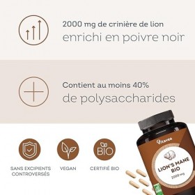 Lions Mane Champignon BIO 2000mg - 180 Gélules Vegan avec Poivre Noir - Extrait Concentré 30:1 Crinière de Lion Hericium Erin