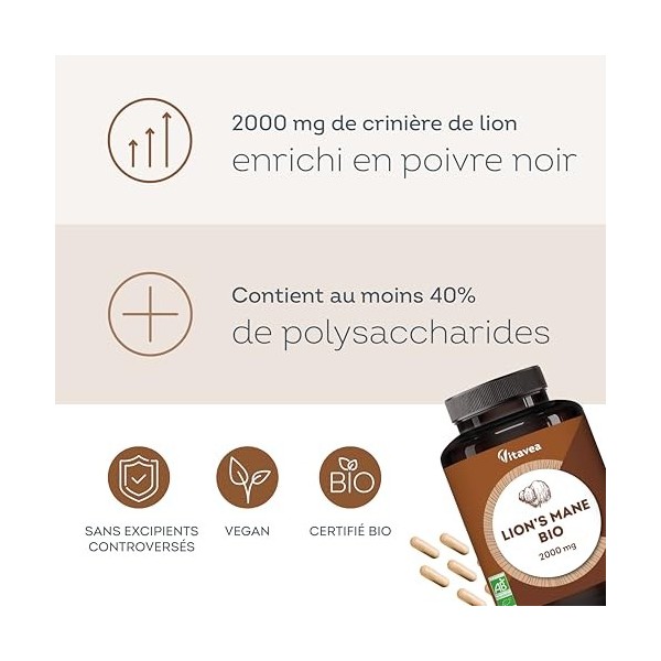 Lions Mane Champignon BIO 2000mg - 180 Gélules Vegan avec Poivre Noir - Extrait Concentré 30:1 Crinière de Lion Hericium Erin
