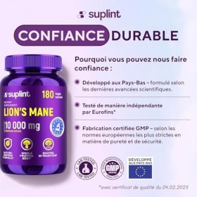 Lions Mane - 10 000 mg - Gélules de crinière de lion – Extrait de champignon Hericium Erinaceus 10:1 – Naturel et sans OGM C...