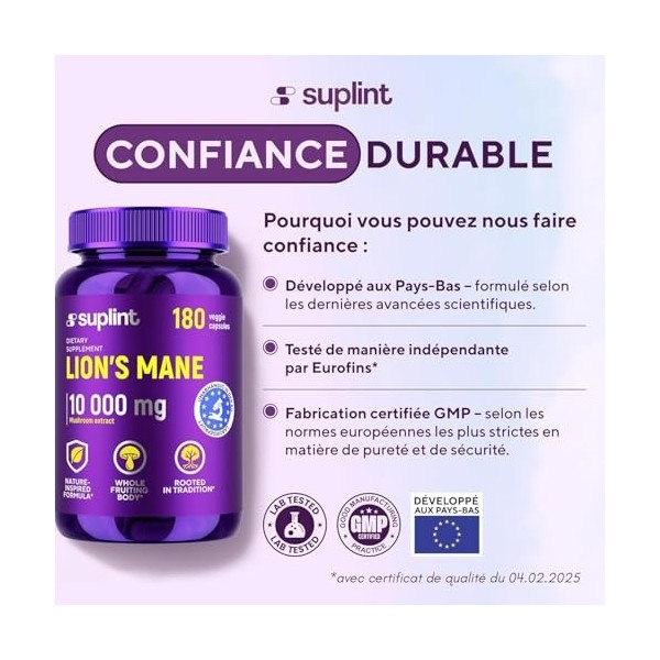 Lions Mane - 10 000 mg - Gélules de crinière de lion – Extrait de champignon Hericium Erinaceus 10:1 – Naturel et sans OGM C...