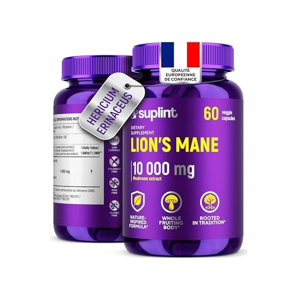 Lions Mane - 10 000 mg - Gélules de crinière de lion – Extrait de champignon Hericium Erinaceus 10:1 – Naturel et sans OGM C...