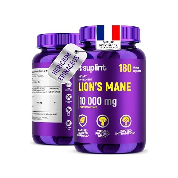 Lions Mane - 10 000 mg - Gélules de crinière de lion – Extrait de champignon Hericium Erinaceus 10:1 – Naturel et sans OGM C...