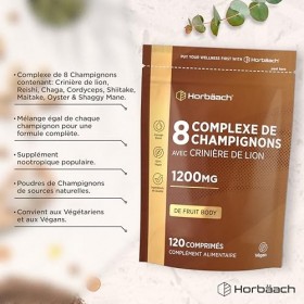 Complexe de 8 Champignons 1200 mg | Mushroom Supplement | Lions Mane, Chaga, Cordyceps, Reishi, Shiitake, Maitake, Shaggy Man