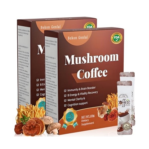 2Pcs Café Aux Champignons,Café Champignons Adaptogenes,Complexe de champignons en Poudre Bio avec Crinière De Lion, Chaga, Re
