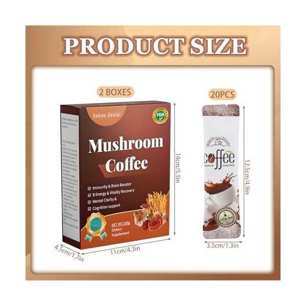 2Pcs Café Aux Champignons,Café Champignons Adaptogenes,Complexe de champignons en Poudre Bio avec Crinière De Lion, Chaga, Re