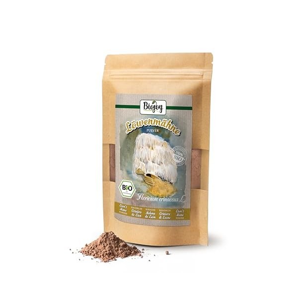 Biojoy Poudre de champignon BIO Crinière de Lion 100 g , Lion’s Mane, Hydne Hérisson, séché et finement moulu Hericium erin C...