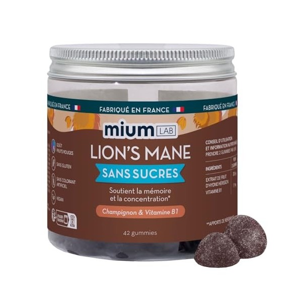Mium Lab – Lions Mane Crinière de Lion – Gummies sans sucre – Extrait 18:1 hautement concentré d’Hericium erinaceus – Compl