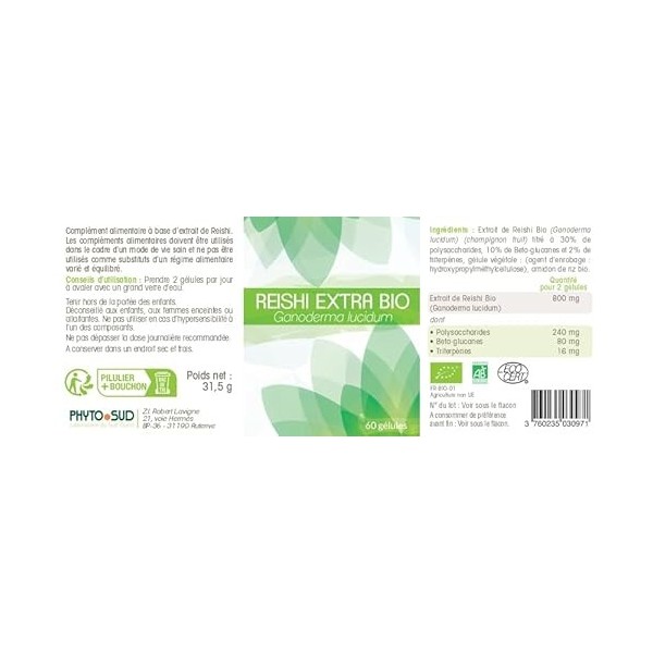Phytosud Reishi Extra Bio - 30% Polysaccharides 10% Beta-Glûcanes 2% Triterpènes - 60 Gelules Vegan - Extrait de Reishi Bio p