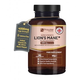 Complément alimentaire à base de champignons Lions Mane 4000 mg avec vitamines B1, B6, B12 et poivre noir - 180 comprimés vég