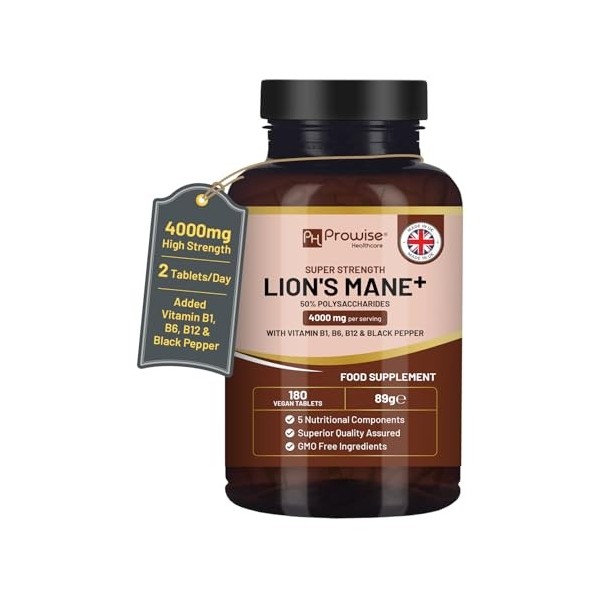 Complément alimentaire à base de champignons Lions Mane 4000 mg avec vitamines B1, B6, B12 et poivre noir - 180 comprimés vég