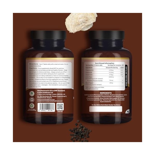 Complément alimentaire à base de champignons Lions Mane 4000 mg avec vitamines B1, B6, B12 et poivre noir - 180 comprimés vég