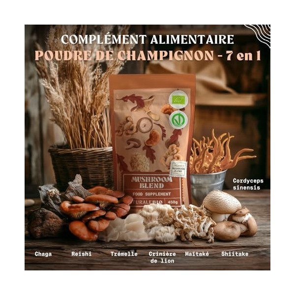 NaturaleBio Mélange de Champignons en Poudre 200g. Renforce lénergie, la fonction cognitive, la santé intestinale et le syst ...