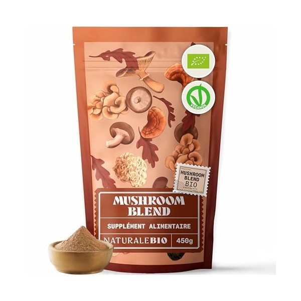 NaturaleBio Mélange de Champignons en Poudre 200g. Renforce lénergie, la fonction cognitive, la santé intestinale et le syst ...