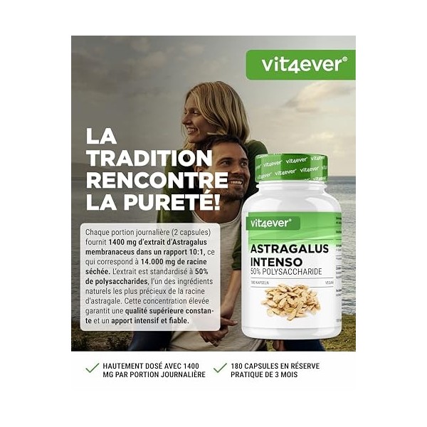 vit4ever Astragalus - Hautement dosé avec 1400 mg dextrait pur par jour - 180 gélules - Premium : 50% polysaccharides - Extr