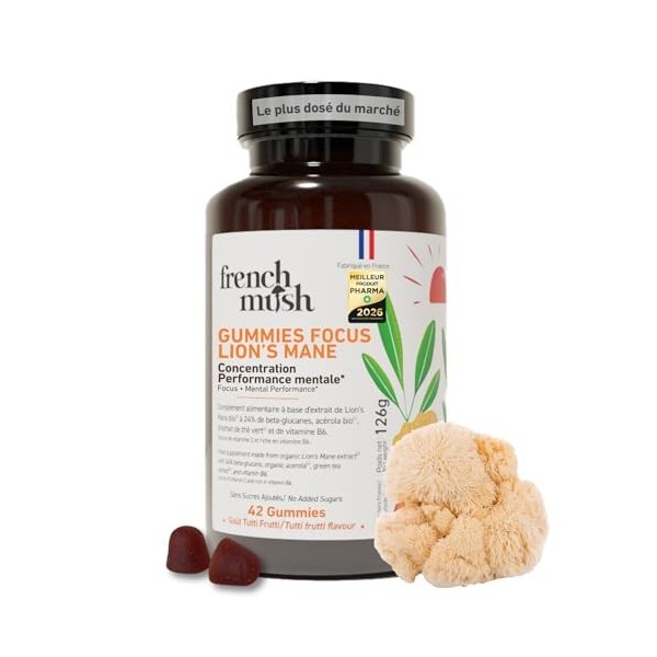 French Mush Lion’s Mane Gummies – Complément Mémoire et Concentration – Multivitamines avec Vitamine C, B6, Acérola et Thé Ve