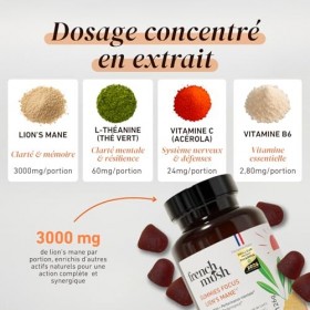 French Mush Lion’s Mane Gummies – Complément Mémoire et Concentration – Multivitamines avec Vitamine C, B6, Acérola et Thé Ve