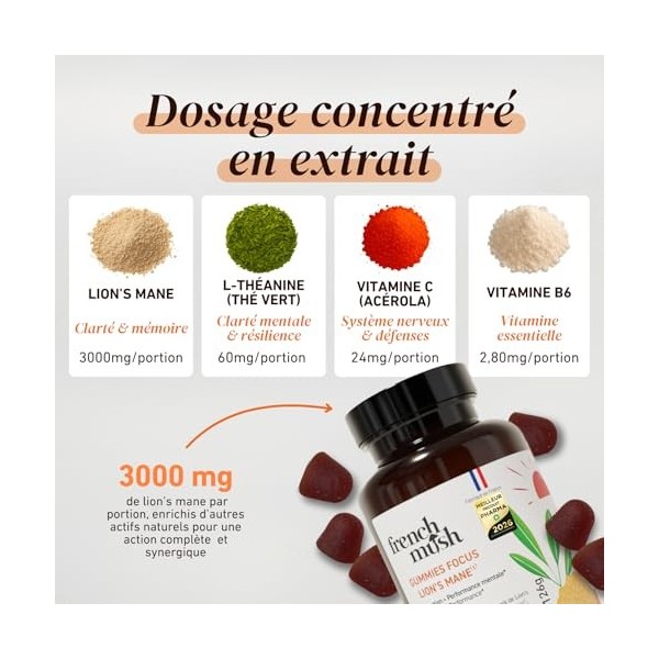 French Mush Lion’s Mane Gummies – Complément Mémoire et Concentration – Multivitamines avec Vitamine C, B6, Acérola et Thé Ve