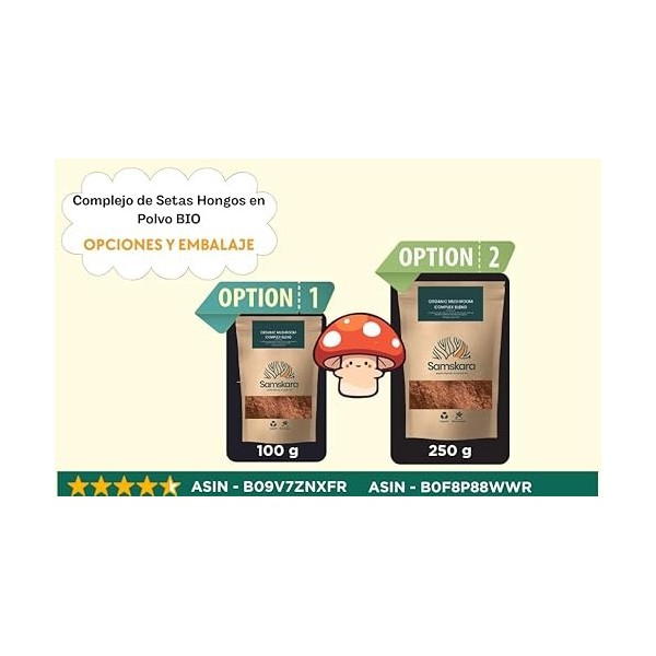 Complexe de Champignons en Poudre BIO Reishi, Chaga, Shiitake, Maitake, Crinière de Lion, Cordyceps Militaris et Champignon 