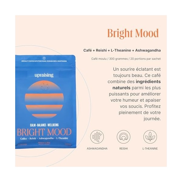 Upraising - Bright Mood | Cafe Champignon Adaptogene | Cafe Moulu + Ashwagandha + Reishi + L Theanine | Boisson Champignon Ad