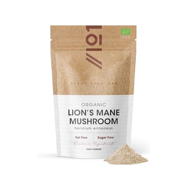 Poudre de crinière de lion bio 100 g – Pure Hericium Erinaceus Powder – Sachet refermable et recyclable – par Alpha01