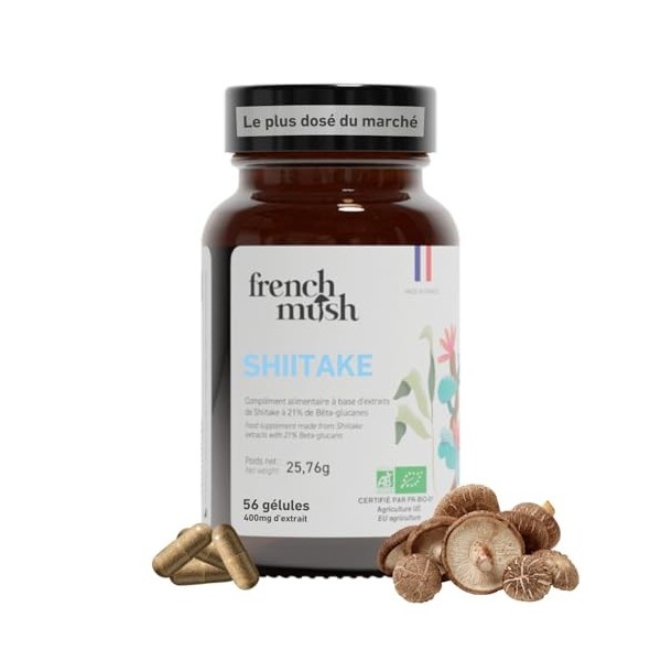 French Mush Shiitaké Bio – 56 Gélules Vegan - Immunité, Digestion & Bien-Être Général – Extrait Concentré de Shiitaké Lentin