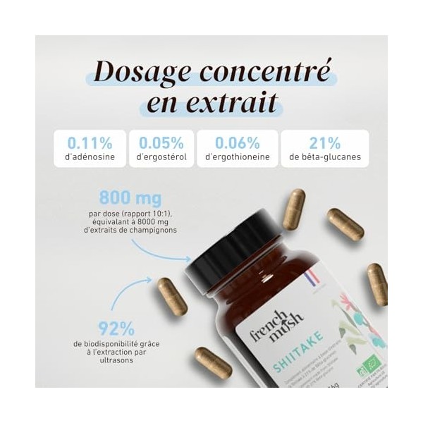 French Mush Shiitaké Bio – 56 Gélules Vegan - Immunité, Digestion & Bien-Être Général – Extrait Concentré de Shiitaké Lentin