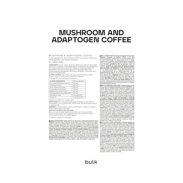 Bulk Café aux Champignons, Crinière de Lion, Ashwagandha, Vitamine D, Noir, 250 g