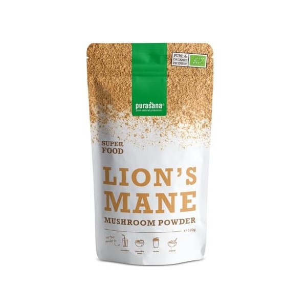 Purasana® Lion’s Mane Bio – Poudre de Crinière de Lion 100% Pure – Champignon Adaptogène Riche en Fibres & Protéines – Idéal 