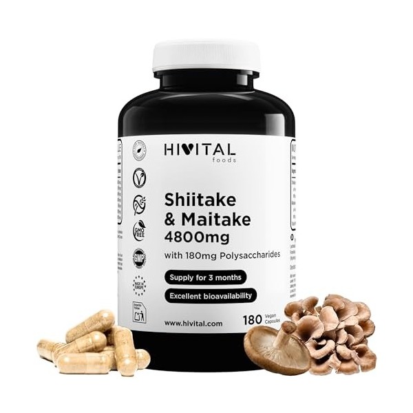 Shiitake et Maitake 4800 mg. 180 gélules vegan pour 3 mois de traitement. 30% de Polysaccharides. Mélange dExtraits Naturels
