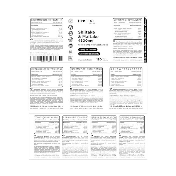 Shiitake et Maitake 4800 mg. 180 gélules vegan pour 3 mois de traitement. 30% de Polysaccharides. Mélange dExtraits Naturels