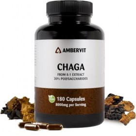 Chaga 8000 mg – 180 Gélules – 30% Polysaccharides Bioactifs – Double Extrait du Corps Fructifère Fortement Dosé – Récolté à l
