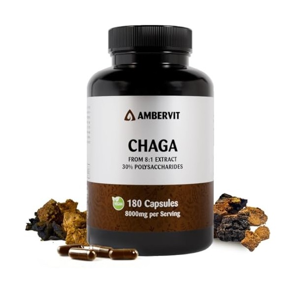 Chaga 8000 mg – 180 Gélules – 30% Polysaccharides Bioactifs – Double Extrait du Corps Fructifère Fortement Dosé – Récolté à l
