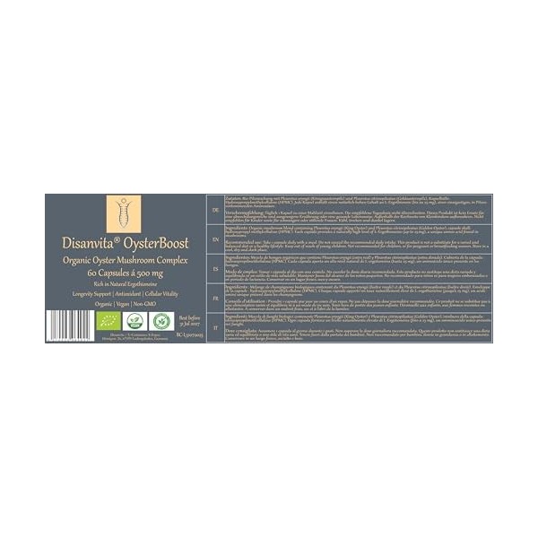 Disanvita OysterBoost | Champignons pleurotes biologiques avec jusqu’à 25 mg d’ergothionéine naturelle par gélule | Soutien c