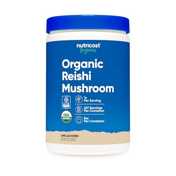 Nutricost Poudre de champignon Reishi biologique 0,2 kg 226,8 g – Certifié USDA 100% biologique, végétalien, sans OGM, sans