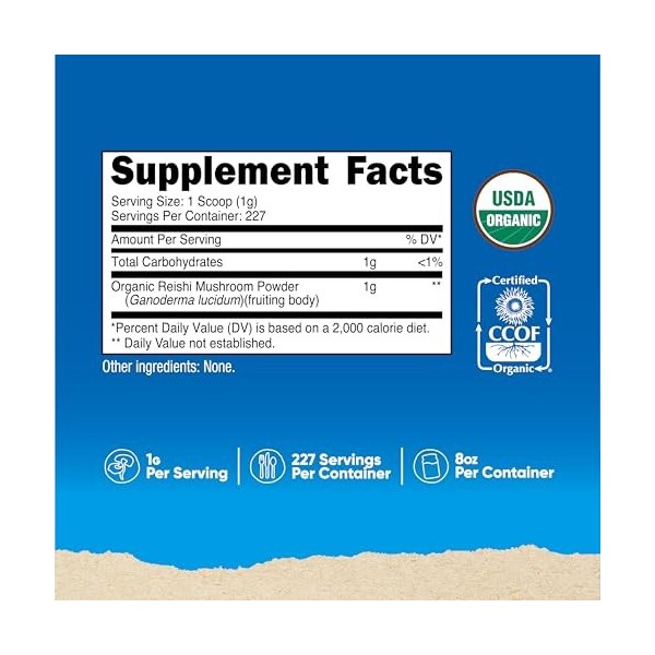 Nutricost Poudre de champignon Reishi biologique 0,2 kg 226,8 g – Certifié USDA 100% biologique, végétalien, sans OGM, sans