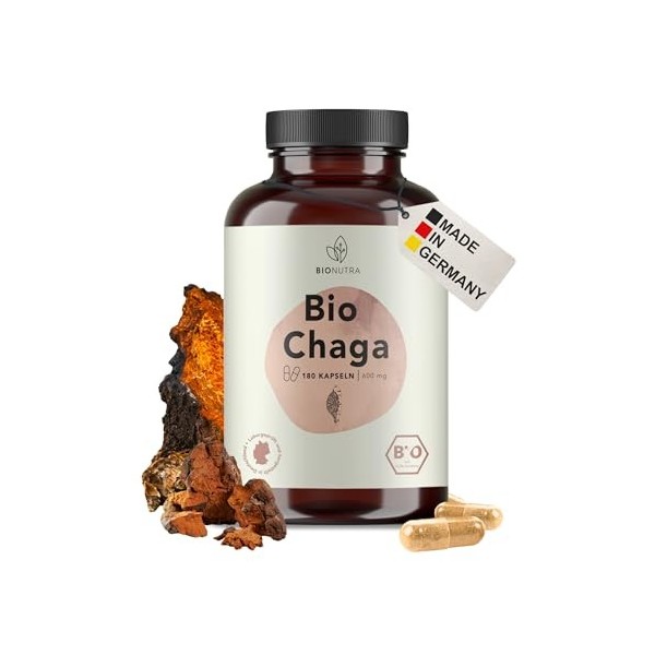 BIONUTRA® Gélules de Chaga bio hautement dosées, 1200 mg/jour, contrôlées résidus, fabrication allemande, véganes, sans lacto