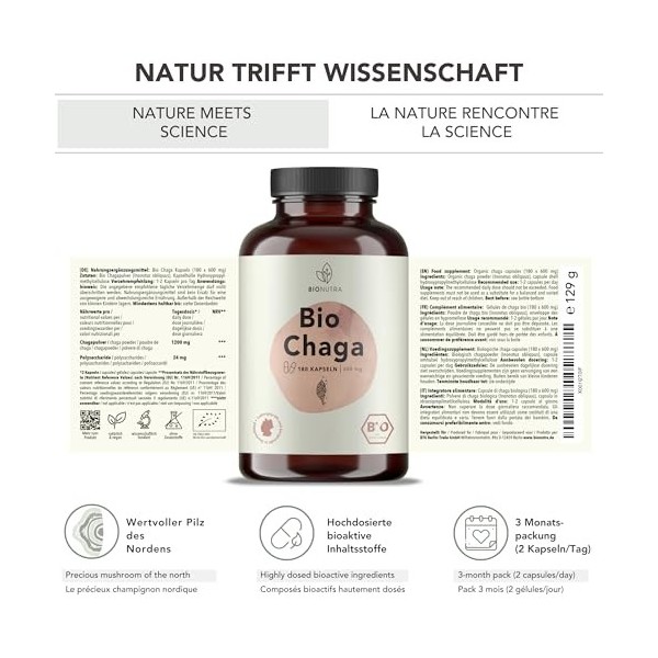 BIONUTRA® Gélules de Chaga bio hautement dosées, 1200 mg/jour, contrôlées résidus, fabrication allemande, véganes, sans lacto