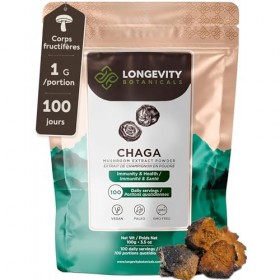 Poudre de Champignon Chaga Inonotus obliquus 100g | Extrait Puissant 10:1 de Corps Fructifère Pur | 10% Bêta-D Glucanes | É