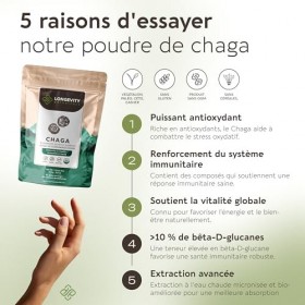 Poudre de Champignon Chaga Inonotus obliquus 100g | Extrait Puissant 10:1 de Corps Fructifère Pur | 10% Bêta-D Glucanes | É