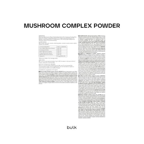 Bulk Poudre Complexe de Champignons, Crinière de Lion, Vitamine D, Sans Arôme, 250 g